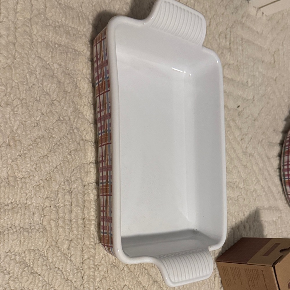 White Ceramic Baking Casserole with Red Plaid Accent